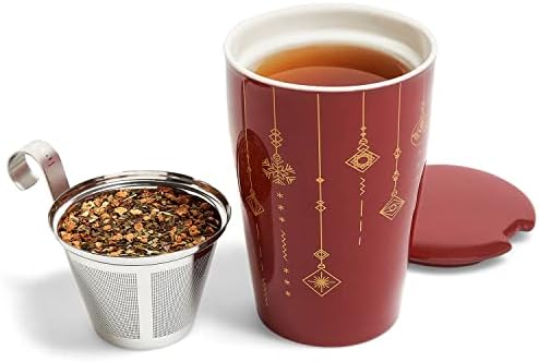 Чајот од чај Форт затоплување на радоста Кати, керамички лабав чај од чај со лисја со корпа и капаче, 12oz двојно wallид со метеж