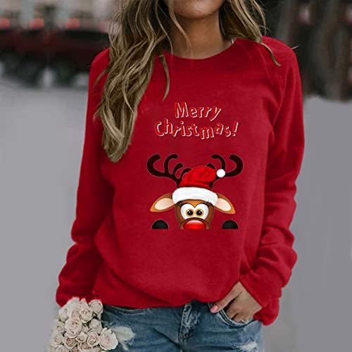 Дами безука за џемпери, цветни печати со кружен врат со долги ракави, обичен худи за божиќна маичка за џемпери