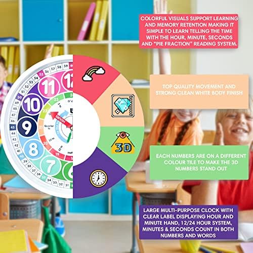 3Д деца Шарен часовник за учење wallиден часовник - лесен за читање - кажувајќи часов за предавање на време за деца - Декор за wallидови