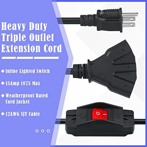 1,5 ft тешка должност 3 излез SJTW 3 Prong Power Corder Black On Off Switch Extension Coder 12 Gauge Заземјен краток кабел за