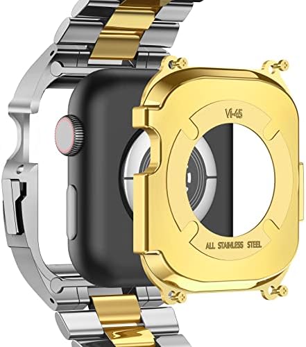 V-Moro Titanium Band од не'рѓосувачки челик со Case 44mm компатибилен со Apple Watch Bands Series 6/5/4/SE, Бизнис метална лента со заштитен
