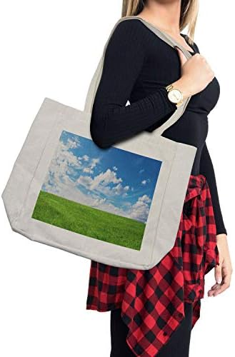 Торба за шопинг на сино небо, пејзаж печатење на зеленило земја со чисто облаци небо, еко-пријателска торба за еднократно користење