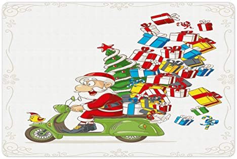 Амбесон Божиќ Миленичиња Мат За Храна И Вода, Дедо мраз На Мотоцикл Скутер Со Дрво И Подароци Смешни Цртан Филм Стил Птица, Правоаголник