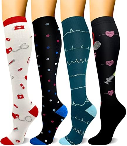 HLTPRO 4 парови Чорапови за компресија за жени и мажи - Најдобра поддршка за медицински, циркулации, медицински сестри, трчање,