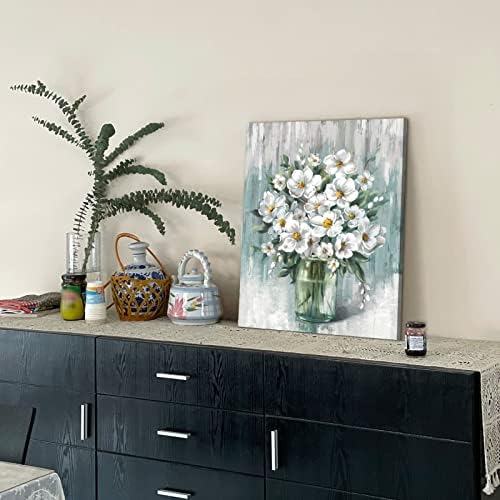 Бања wallид декор слики за wallидни уметности, бел цветен wallиден декорација за спална соба кујна дневна соба, рустикален врамен платно wallидни