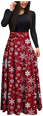 Божиќни фустани женски долги ракави макси фустани паѓаат плус големина случајна империја половината долга фустан Дедо Снежан Печати