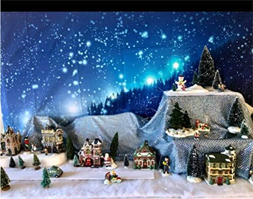 Leowefowa 7x5ft Божиќна Позадина Рустикален Селски Ноќен Поглед Шумски Дрвја Снег Сјајни Светла Сино Небо Зимски Божиќ Винил Фотографија Позадина