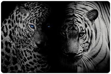 Амбесон Црно-Бела Подлога За Миленичиња За Храна И Вода, Леопарди Со Сини Очи Агресивно Моќно Печатење На Профилот На Диви Мачки, Гумена Подлога