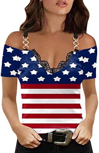 Врвови за женско ладно рамо, Америка, знаме графички тунични маички кратки ракави V вратот Денот на независноста кошула 4 -ти јули блуза