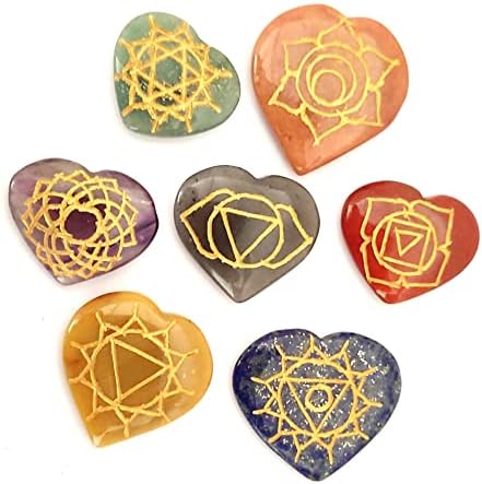 Sharvgun Seven Chakra Reiki Heart Shimbol Set 7 од парчиња лековити скапоцени камења, палм камен, врежан чакра симболи холистички