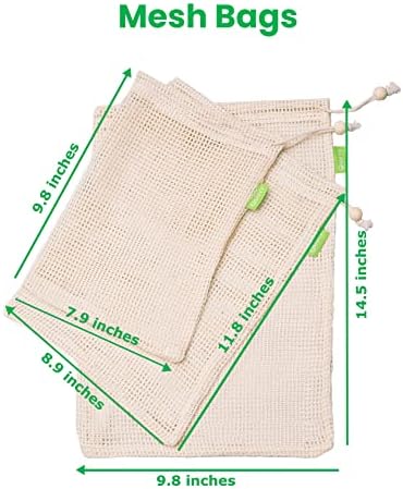 Qrafty | Органски торби за производство на памук | Пакет од 7 + 1 | Компактен, биоразградлив, сет за безбедна храна за храна и муслин | Еднократно