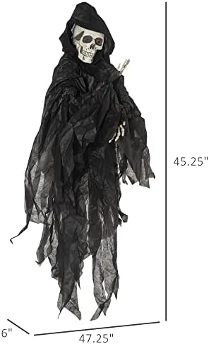 OutsUnny 45 Надворешни украси за Ноќта на вештерките што висат мрачен Reaper во црна облека, фестивал анимиран реквичен декор со активиран звук