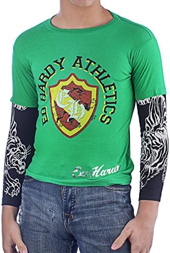 Ед Харди Детска маица со атлетика со долг ракав -зелена -средна