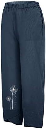 Обични панталони со капри за жени трендовски памучни постелнина панталони цветни печати широки нозе удобни исечени панталони со џебови