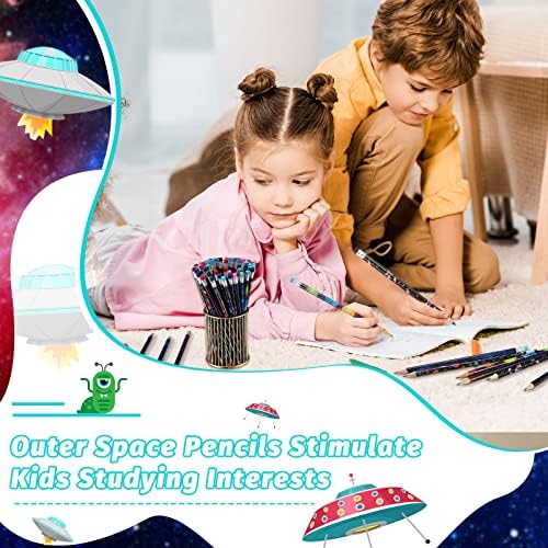 144 парчиња надворешни вселенски моливи за детски простор тематски забави, разновидни планети моливи галаксиски авион, дрво моливи за забавни