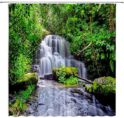 PZMPZM Сценски водопад завеса Зелена шумско дрво што паѓа воден пејзаж природа џунгла дождовна шума лето зелена глетка за бања