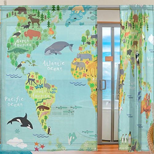 Светска Мапа На Животни Во Боја Поставете Проѕирна Газа Завеса На Вратата Завеси За Завеси За Дневна Соба Детска Спална Соба Декор За