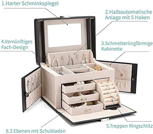 Кутија ЗА Складирање ЛОКОК Еднорачен Организатор На Кутија За Накит Со Огледало, 3 Слоја Мека Кожа Од Кожа Од Стп Дрвена Декоративна Кутија