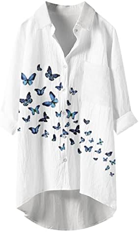 Јуниори пеперутка цветни печати блузи желки вратот врвови со долг ракав, пад летни блузи, копче за копче 5f