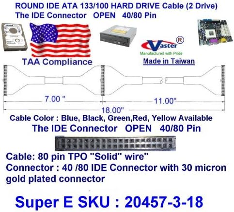 UDMA 40/80 тркалезна IDE/EIDE/ATA HDD кабел за податоци, 2 погони 18 инчи, црна боја