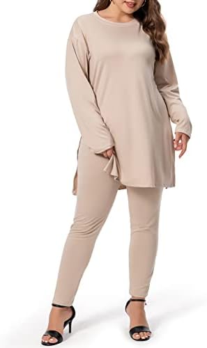 Плус големина на две парчиња облека за жени џогер поставува врвови со долги ракави, панталони со цврста боја, цврсти сетови за ладење во боја