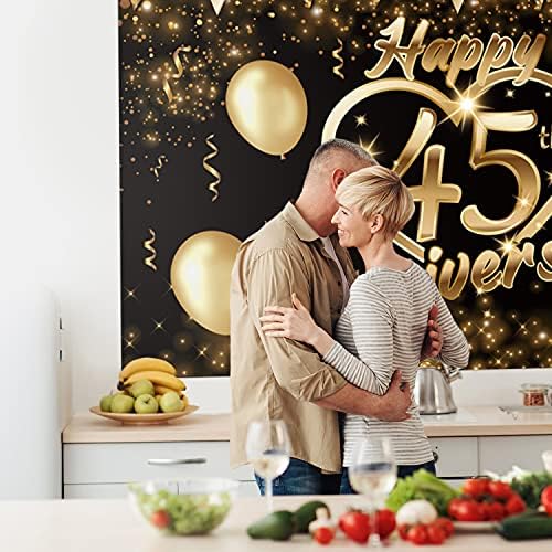 Среќна 45-годишнина Позадина Банер Декор Црно Злато - Сјајот Љубов Срце Среќен 45 Години Свадба Годишнината Партија Тема Украси За Жени Мажи Материјали