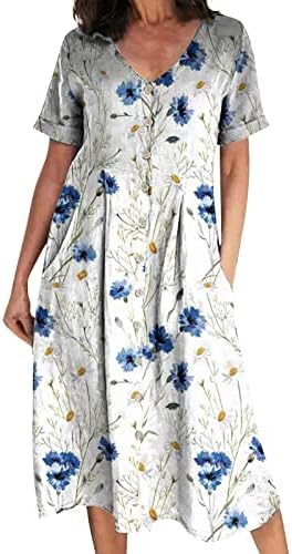 Qfvzhy женски блузи мода 2023 V-вратот со висок половината со кратки ракави со кратки ракави, памучни постелнина, печатени фустани, блузи со