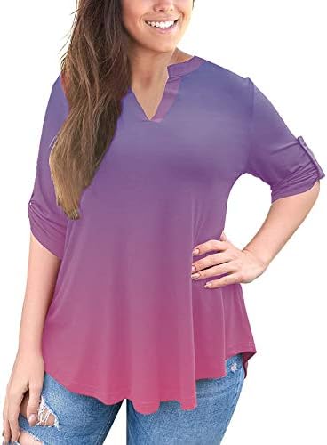 Женска цветна маичка за печатење врвен летен обичен тренинг плус големина на врвови 3/4 ролни врвни кошули V вратот блузи Туника ТОП