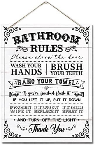 Правила за бања Декор знак, смешни рустикални правила за бања, отпечатоци, украси за перење бања, виси печатени wallидни знаци од