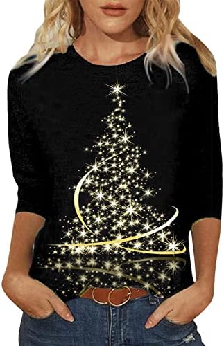 Среќни Божиќни кошули за жени Симпатични смешни долги ракави Божиќ ирваси Графички печати обична маица блуза со блузи врвови
