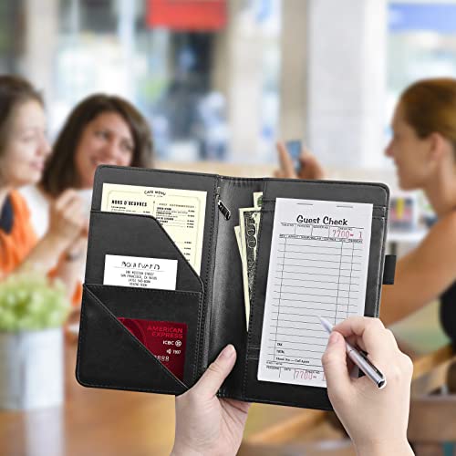 Server Book for Waitress,Black 5x7.75 inch Server Book with Zipper and Pen Holder Waitress Book for Guest Check Book Credit Card Cash Pocket Fits Server Aprons -