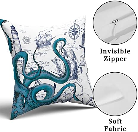 Наутичко сино октопод перница ги покрива 18x18 инчи смешен крајбрежен едриличар кауч перници случаи лето океански плажа фрлање перници сет од