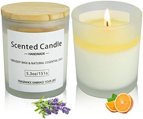 Миризливи ароматераписки свеќи Подарок сет: 2 пакет лаванда портокалова соја стаклена свеќи Природно восок5.3oz Патник мирис Опуштено