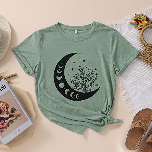 Graphенски летни цветни месечини графички кошули Симпатична дива цвет Бохо, краток ракав, тркалезен врат, девојки, обични лабави блузи