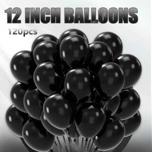 120 парчиња Балони За Забави Од Латекс, 12 Инчни Балони Со Црн Хелиум со Лента За Роденден, Свадба, Туш За Бебиња, Украси За Роденденска Забава