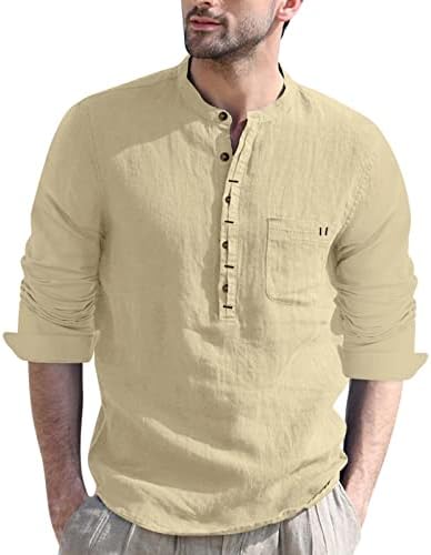 Копче за лене со врат со машка ленена летна кошула со долги ракави за мажи за брзо сушење кошула со џеб