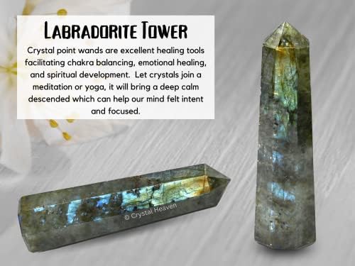 Аашита креации Лабрадорит Кристална кула Обелиск Поинт за чакра, заздравување и балансирање - Оригинален овластен скапоцен камен