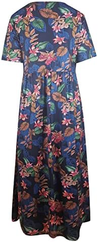 Фрагрн летни облеки за одмор за жени, жени плус големина О-врата цветни печати гроздобер краток ракав долг макси фустан