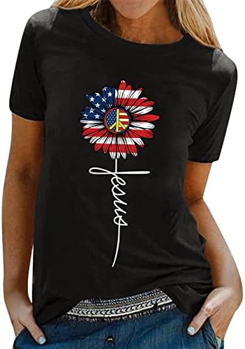 Патриотски кошули за жени американско знаме маица обични летни врвови со кратки ракави, патриотски удобни лабави трендовски блуза