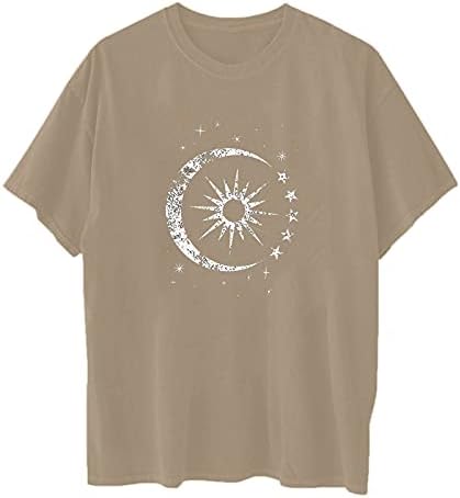 Womenените Сонце и месечина маица преголема графичка печатена лабава лабава рунда на вратот кратки ракави врвови случајно смешно тинејџерско