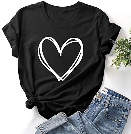 Летна обична маица за жени срца печати лабави фит блузи со екипаж на кратки ракави, врвови 2023 удобни кошули