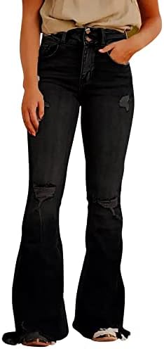 Флејски панталони за жени Jeanан еластична половината удобни фармерки панталони, баги основни разгорени тексас панталони, жени цврста