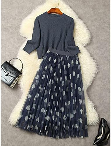 QJPaxl есенски зимски пуловер џемпер и здолниште од мрежи одговараат на гроздобер женски облеки за обична забава со 2 парчиња фустани сет