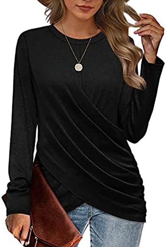 Женски модни обични кошули со тркалезна врата вкрстеле плетенка лабава маичка блуза со долга ракав пулвер џемпер врвот на врвот