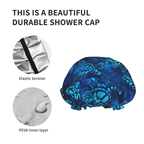 Womenените што можат да се користат затегнати полите на косата, акварел сина морска желка двојни слоеви водоотпорна капа за бања за туширање