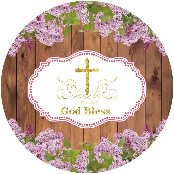 Yeelle 6.5x6.5ft Бог да ја благослови кружната позадина Прва света причест Фото позадина Виолетова цветна дрвена крштева забава Банер