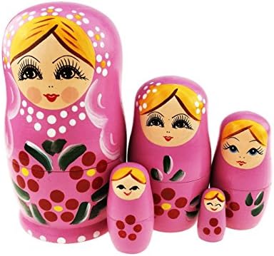 5 компјутери русокоса девојка со цвеќиња розова матриошка кукла руско гнездење кукла за редење кукли со рачно насликани народни уметности