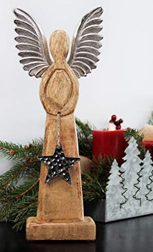 Божиќна статуа на Аулдхом дрвен ангел; Фарма куќа Декор за одмор дрво и метална фигура