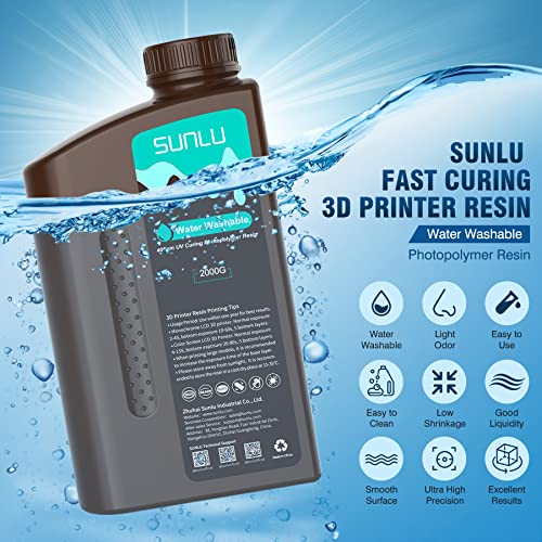 Смола за миење на вода Sunlu 2000g, брзо лекување на 3D смола за печатач за LCD DLP SLA смола 3Д печатачи, 395 до 405NM UV лекување со 3Д печатење