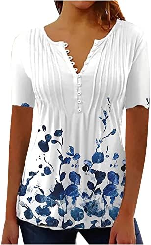 Летни цветни кошули за жени со чипка од чипка кратки ракави против вратот Туника врвови облечени обични лабави маички кошули